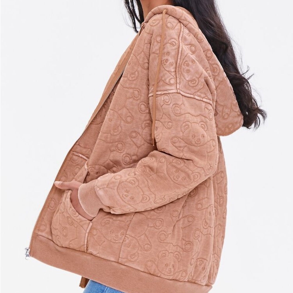 Washed Cotton Teddy Bear Stitched Zip-Up Hoodie
